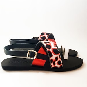 Leopard sandals / Animal print shoes / Meatallic leather / Fashion Greek sandals / Greek  Strappy Slide Sandals / Women Shoes : Orange glam