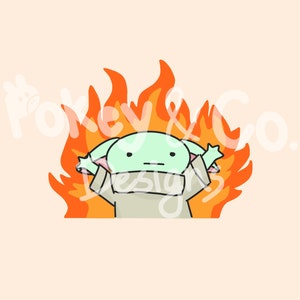 Op de afbeelding: Een cartoonillustratie van een groen buitenaards wezen met grote oren, gekleed in een bruine robe, staand in een groot oranje en geel vuur. Het buitenaardse wezen heeft een verraste uitdrukking op zijn gezicht.