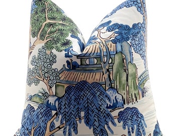 Thibaut Asian Pillow Cover in Green and Blue, Throw Cushion, Decorative Pillows, Living Room, Bedroom, Lumbar Pillow