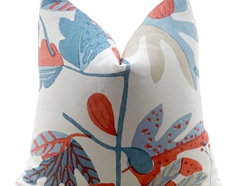 Floral Pillows, Thibaut Leaf  Pillow Cover in French Blue and Coral, Colorful Bedding Decor, Designer Lumbar  pillow, Matisse Leaf
