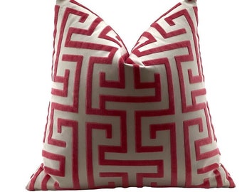 Thibaut Pillow, Greek Key Pillow Cover, Pink Velvet Pillow, Ming Trail Red Pillows, Bedroom Decor 18x18