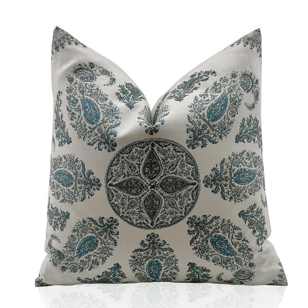 Outdoor Pillows, Peter Dunham Samarkand Pillow Cover in Blue | Green Decorative Throw Pillow, Outdoor Cushion