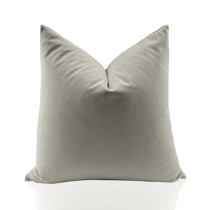 May include: A light gray square pillow with a smooth, soft fabric texture.
