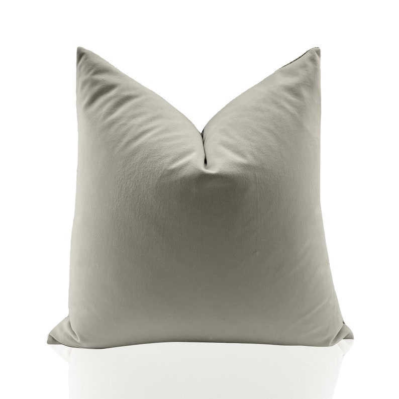 May include: A light gray square pillow with a smooth, soft fabric texture.