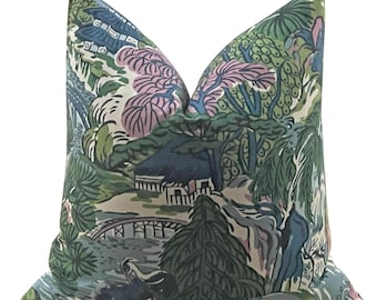Kussensloop Thibaut-pagodebomen in roze en groen, sierkussen, decoratieve kussens, woonkamer, slaapkamer, bloemenkussen