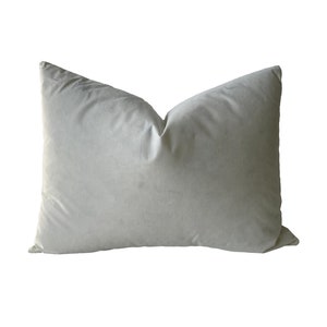 May include: A light grey throw pillow with a soft, velvety texture.