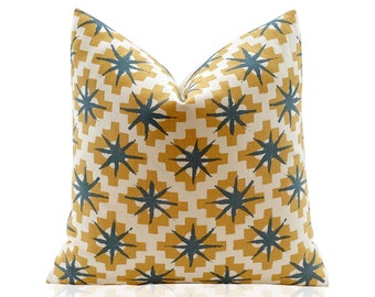 Peter Dunham Starburst Pillow Cover in Yellow and Blue,  Decorative Throw Pillow, Living Room Pillow