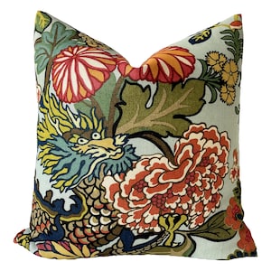Chiang Mai Aquamarine Pillow Cover, Schumacher Pillow, Chinoiserie Pillow, Dragon Pillow