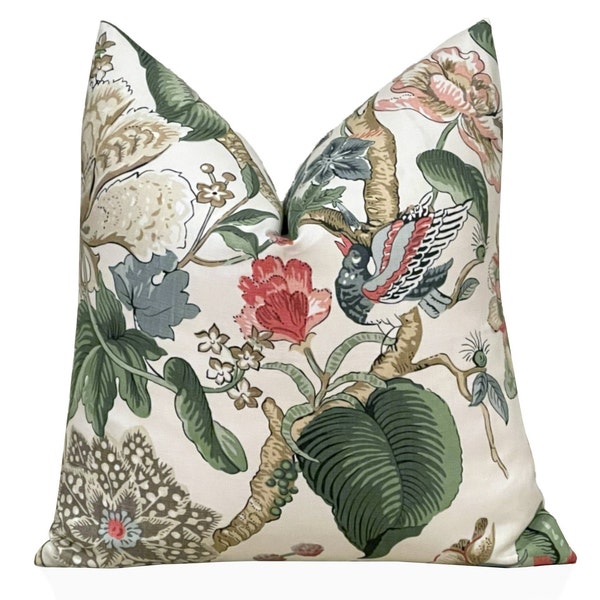 Thibaut Hill Garden Pillow Cover in Green and Coral, Luxury Floral Designer Pillows, Lumbar Pillow, Bedroom Decor, Toss Pillow