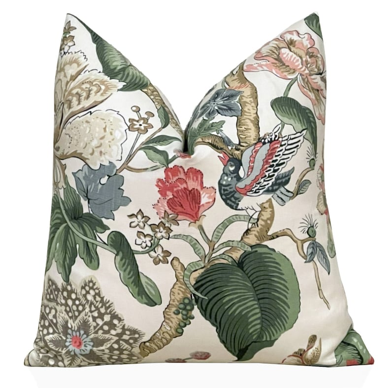 Thibaut Hill Garden Pillow Cover in Green and Coral, Luxury Floral Designer Pillows, Lumbar Pillow, Bedroom Decor, Toss Pillow