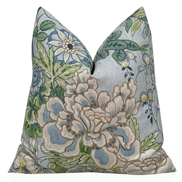 Thibaut Peony Garden Pillow Cover in Spa Blue, Throw Cushion,Decorative Pillows, Living Room, Bedroom, Floral Pillow