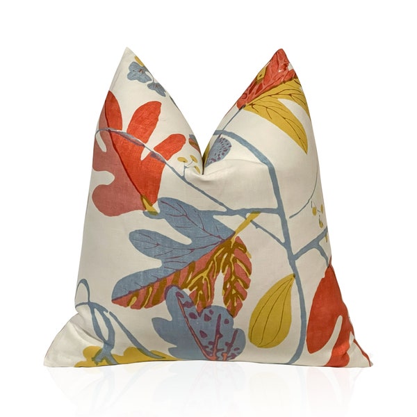 Floral Pillows, Thibaut Leaf  Pillow Cover in Coral and Yellow, Colorful Bedding Decor, Designer Lumbar  pillow, Accent Cushion