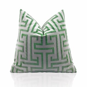 Thibaut Velvet Pillow Cover, Velvet Greek Key Maze Pillow, Green and white Cushion, Accent Pillow Cover