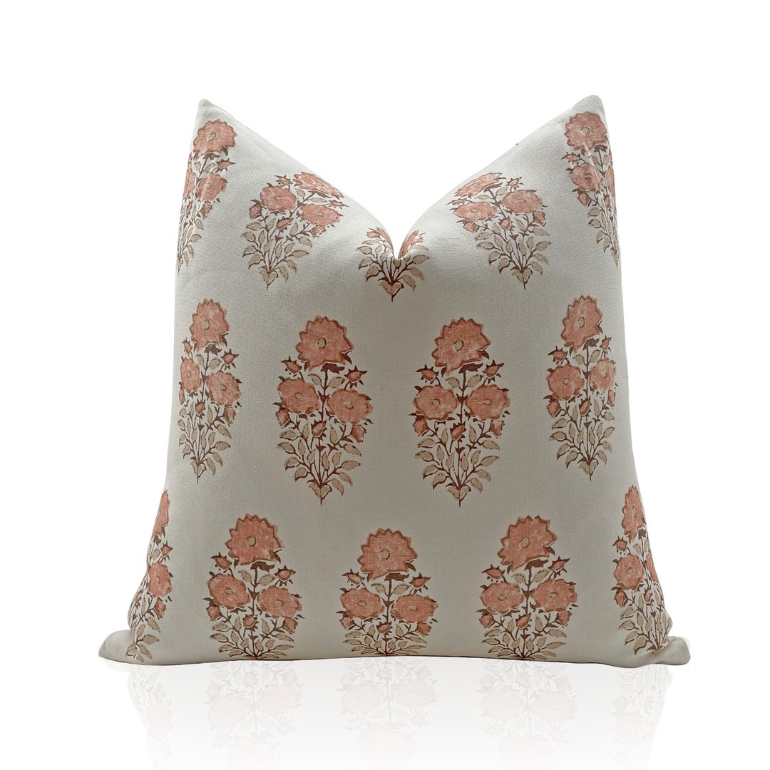 Mughal Flower Pillow Cover in Coral, Mughal Pillow, Decorative Pillows