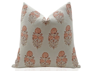 Mughal Flower Pillow Cover in Coral,  Mughal Pillow, Decorative Pillows