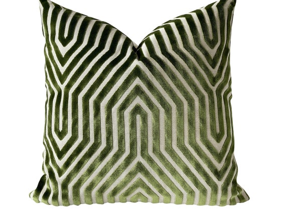 Schumacher Vanderbilt Velvet Pillow Cover in Lettuce, Designer Green Chevron Pillow, Decorative Pillows, Bedding Decor, Living Room