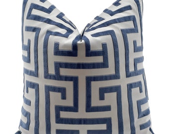 Thibaut Greek Key Pillow Cover, Velvet Pillow, Ming Trail Navy Blue and  White Pillows, Thibaut Pillow