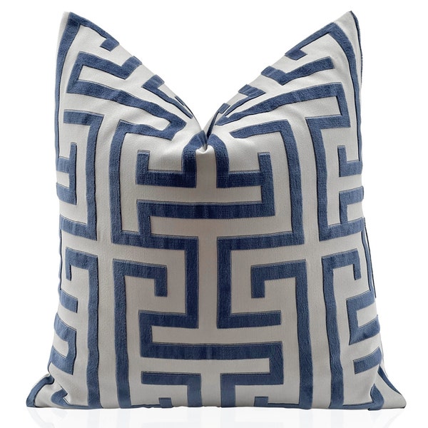 Thibaut Greek Key Pillow Cover, Velvet Pillow, Ming Trail Navy Blue and  White Pillows, Thibaut Pillow