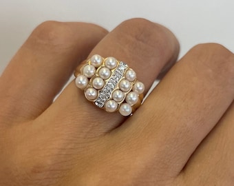 Diamonds and Pearls Ring - 14k Yellow Gold, Estate Jewelry, Vintage Ring, Pearls jewelry, anniversary gift for her, birthday BFF gift ideas