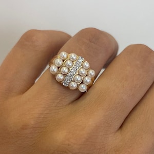 Diamonds and Pearls Ring - 14k Yellow Gold, Estate Jewelry, Vintage Ring, Pearls jewelry, anniversary gift for her, birthday BFF gift ideas