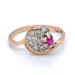Vintage Gold Gemstone Ring, 0.1CT Synthetic Ruby Ring, 14k Rose Gold, Vintage Estate Jewelry, Mid-Century floral swirl ring, birthstone ring