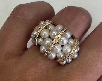 18k Yellow Gold Pearl Ring – Vintage Estate Diamond Ring, Size 5.5