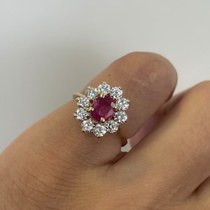 Ruby Engagement Ring - Vintage Ruby Ring, 0.5CT ruby + 0.5CT diamonds, 18K Yellow gold,Estate ruby jewelry,Halo ruby ring,birthstone jewelry