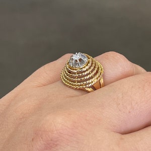 Statement Vintage Ring, Gold Rope Ring, 0.18CT Natural Diamond, 14k Yellow Gold, Cocktail Vintage ring, Statement Dome ring, estate jewelry