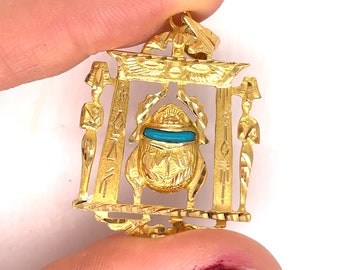 Pingente de escaravelho egípcio - joias egípcias, ouro 18K, pedra preciosa turquesa, colar de escaravelho egípcio, pingente vintage, joias de escaravelho