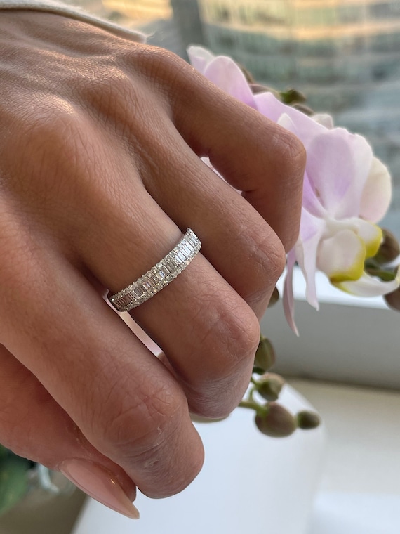 Vintage Half internity band, 0.52CT Baguette Cut Natural Diamond ring, 9k White Gold ring, Estate jewelry, wedding band,white stacking ring