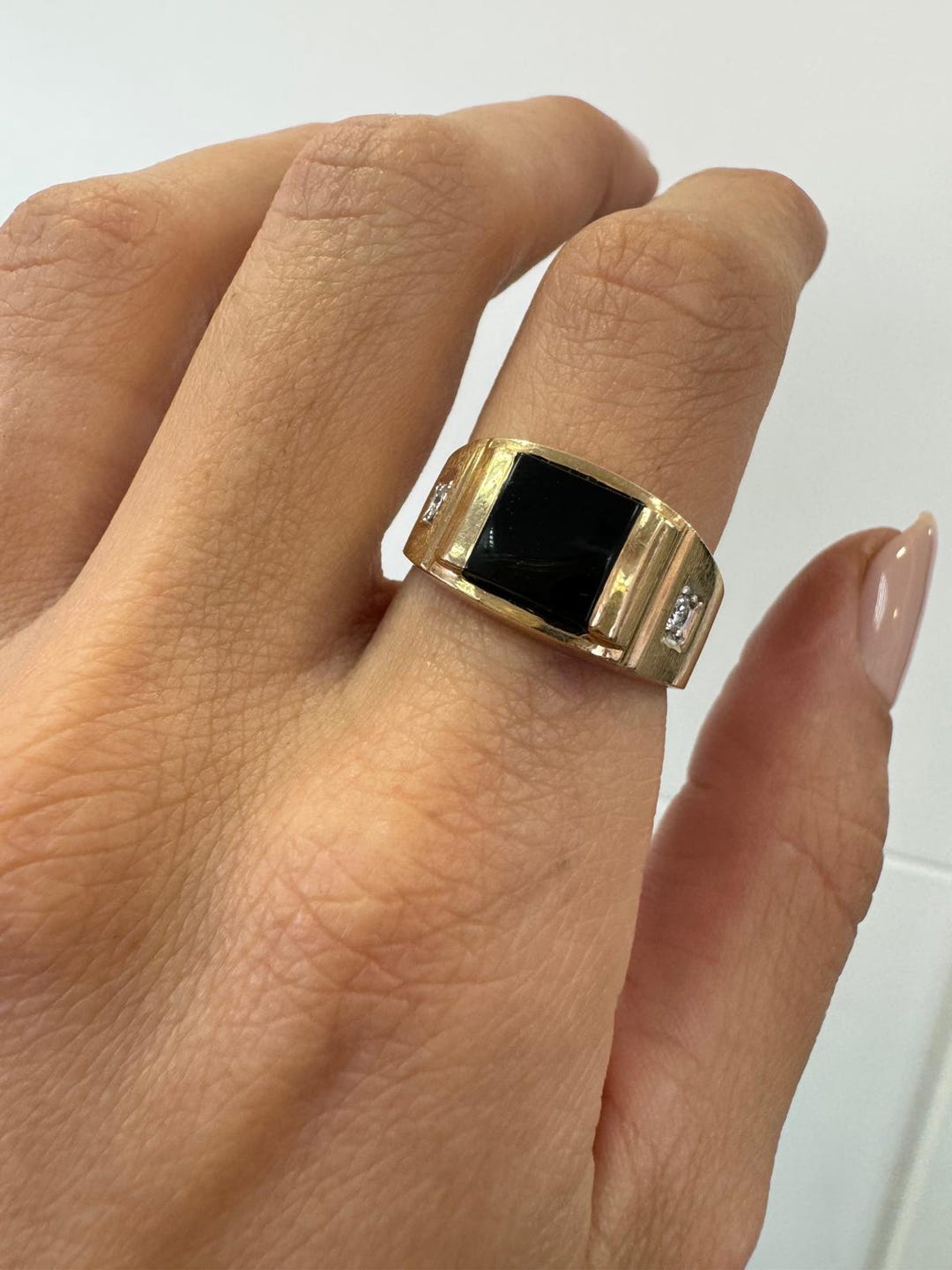 Unique Vintage Onyx and Diamond Unisex Ring, 14k Yellow Gold