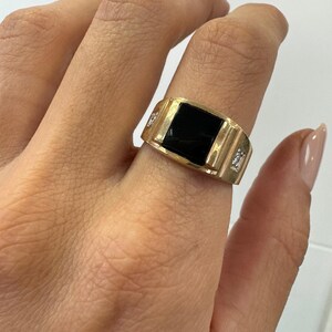 Unique Vintage Onyx and Diamond Unisex Ring, 14k Yellow Gold jewelry, Estate jewelry, gold women jewelry, gift for dad, onyx men pinky ring