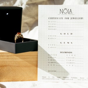May include: A certificate for jewelry with the text "NOLA" at the top. The certificate has fields for date, type, model, weight, color, karat, gems, type, carat, diamonds, center color, side color, carat, clarity, cut, and signature.