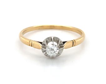 Vintage Old European Cut Diamond Solitaire Ring, 18K Gold Platinum Estate Ring