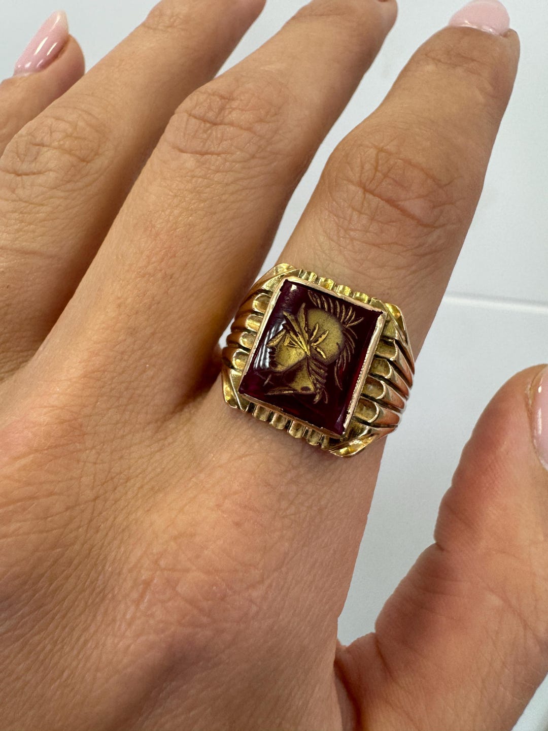 Vintage Intaglio Ring, Roman Soldier Profile Stamp Ring, 14K