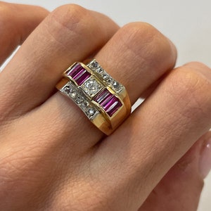 Vintage Ruby Tank Ring, 0.30CT Old Mine Diamond, 14k Yellow Gold Ring, Antique Jewelry, Gold Tank ring, ruby baguette ring, Estate Jewelry,