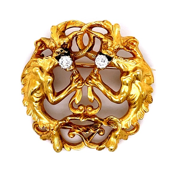Antique Lion Gargoyle Brooch, 18K Yellow gold, 0.… - image 7