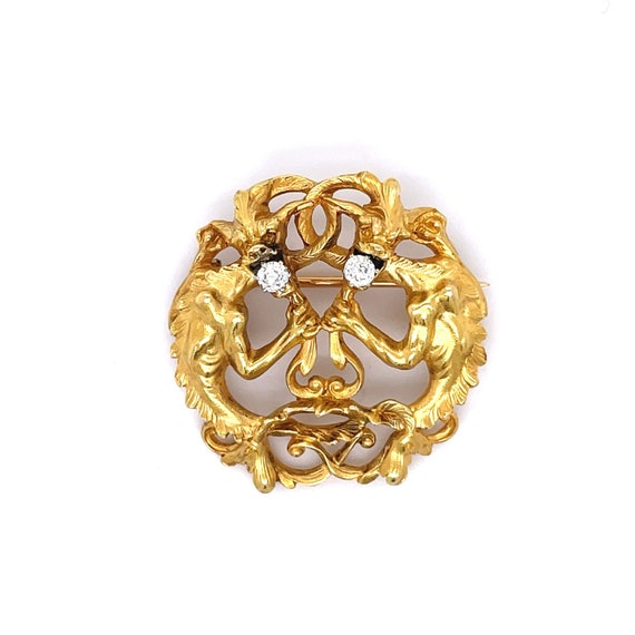 Antique Lion Gargoyle Brooch, 18K Yellow gold, 0.… - image 1