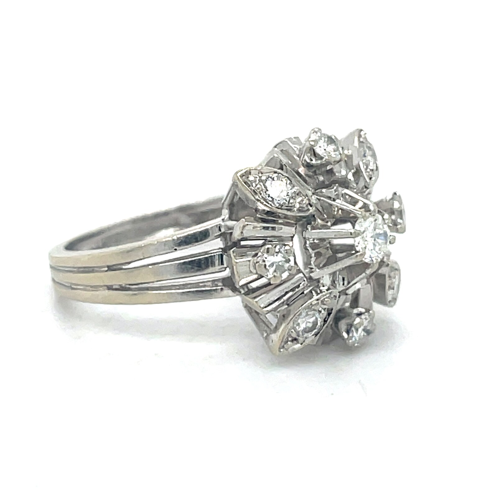 Vintage Statement Ring - 0.6CT Round Natural Diamond, 18k White Gold ...