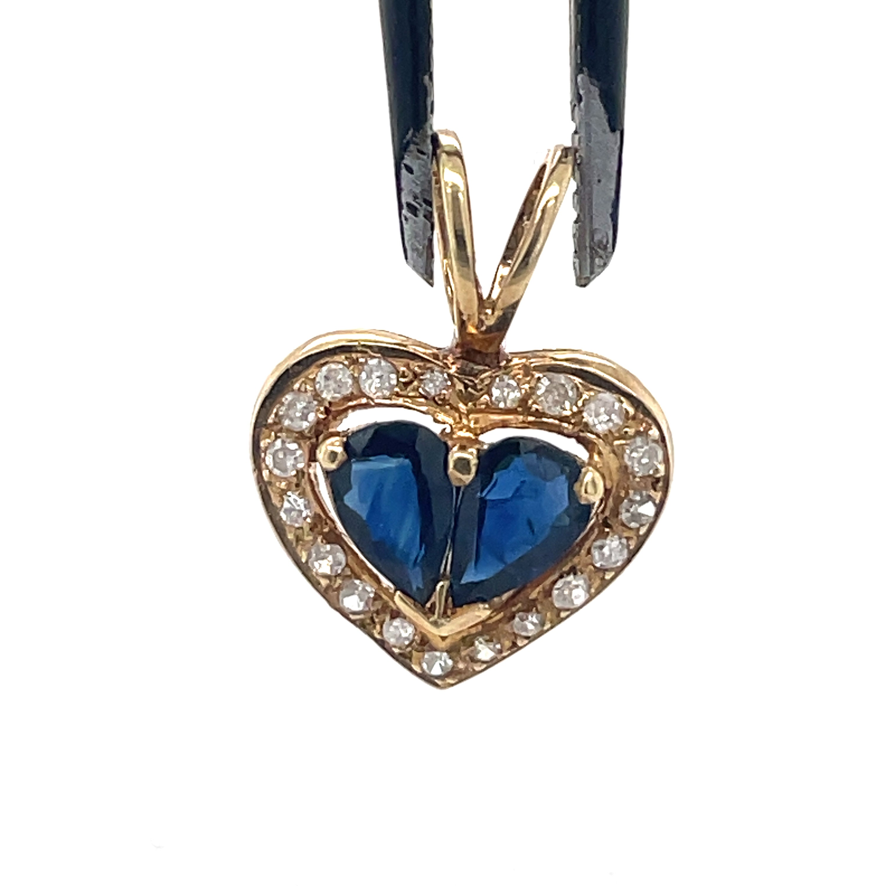 Pingente de coração de safira e diamante, safira de 0,5 CT, diamante de 0,1 CT, pingente de coração de ouro amarelo 14K, pingente de safira, joias antigas, coração pequeno