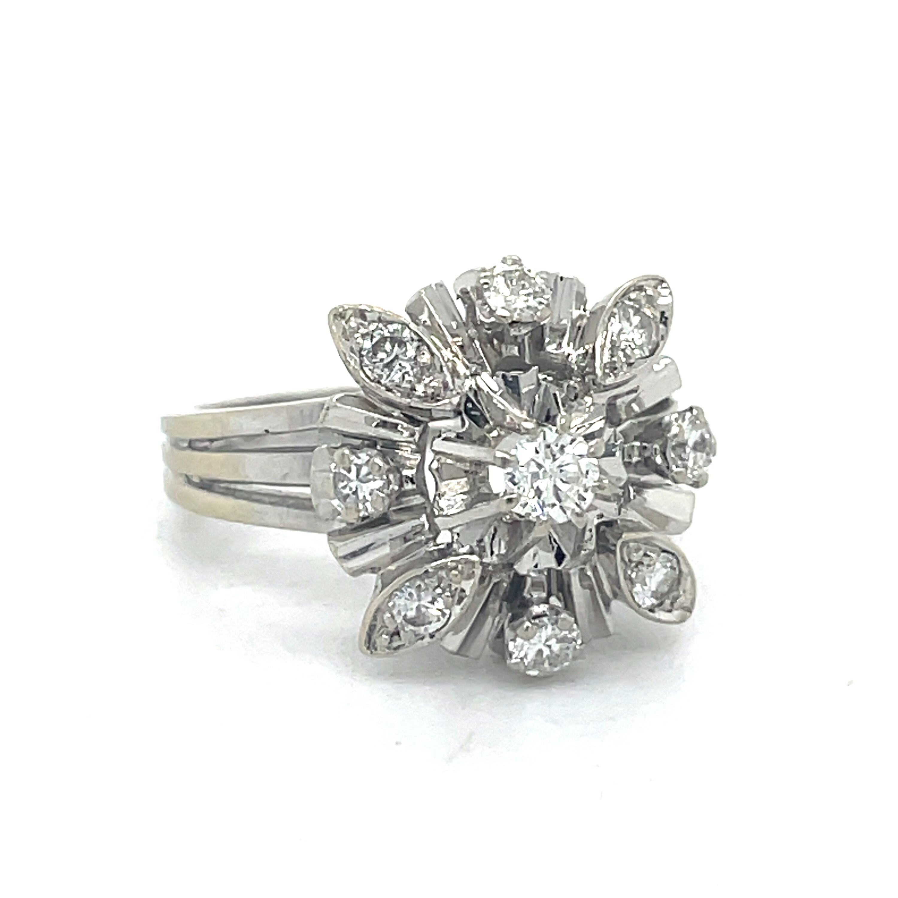 Vintage Statement Ring - 0.6CT Round Natural Diamond, 18k White Gold ...
