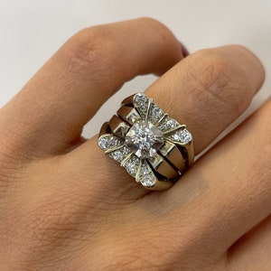 Vintage Tank Ring - 0.6CT Round Natural Diamond, 18k White Gold Platinum, Chunky gold ring, Estate Jewelry, Statement ring, Vintage jewelry