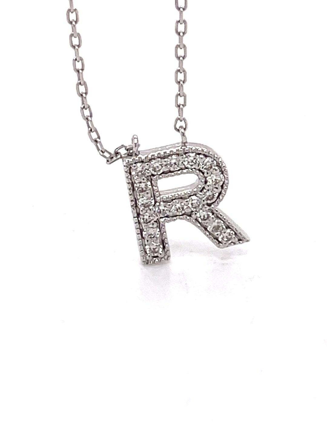 R Letter Monogram Necklace Pendant, Diamond Necklace, 14K White Gold ...
