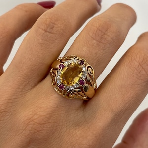 Statement Vintage Citrine Ring 2CT Oval Citrine ring, 18k Yellow Gold Dome ring, Vintage Ruby ring, Old rose cut diamond ring,estate jewelry