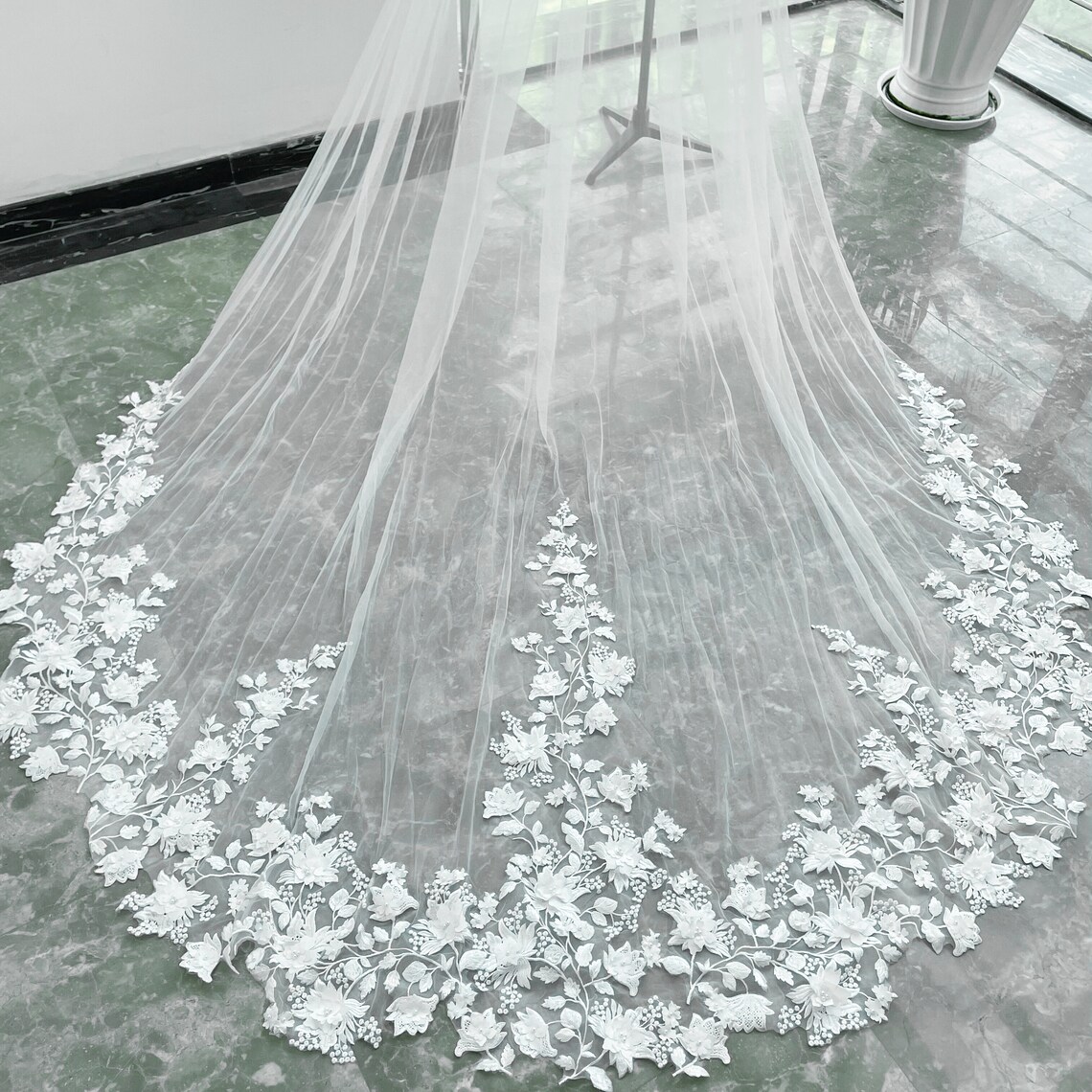 Flower Lace Veil With Pearls Cathedral Bridal Veil Floral Lace Etsy