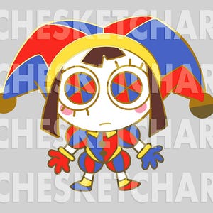 May include: A cartoon jester character with a white face, brown hair, and large, colorful eyes. The jester wears a red, blue, and yellow outfit with a matching hat and gloves. The design has a whimsical and playful aesthetic.