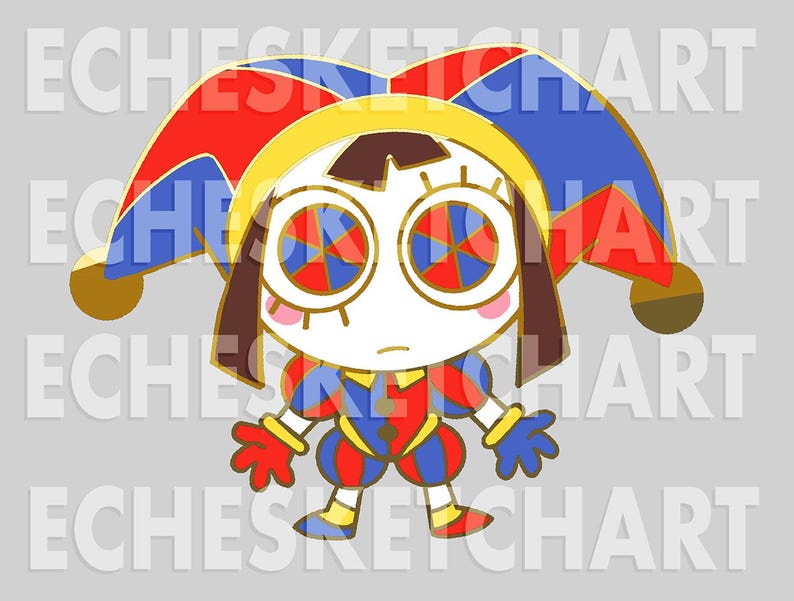May include: A cartoon jester character with a white face, brown hair, and large, colorful eyes. The jester wears a red, blue, and yellow outfit with a matching hat and gloves. The design has a whimsical and playful aesthetic.