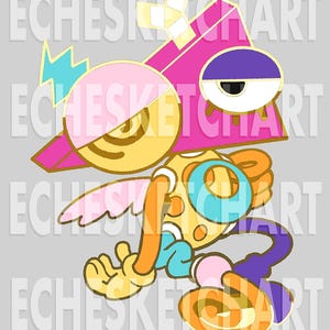 May include: A colorful cartoon character with a geometric design. The character features a pink triangle head, a yellow and pink circular head, and a body with orange, blue, and purple elements. The background has the text "ECHESKETCHART".