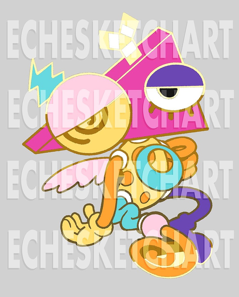 May include: A colorful cartoon character with a geometric design. The character features a pink triangle head, a yellow and pink circular head, and a body with orange, blue, and purple elements. The background has the text "ECHESKETCHART".