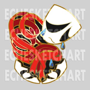 May include: A stylized enamel pin featuring a white face with black accents and gold trim, shedding blue tears. The pin has a red and gold design with black details, creating a unique and artistic accessory.